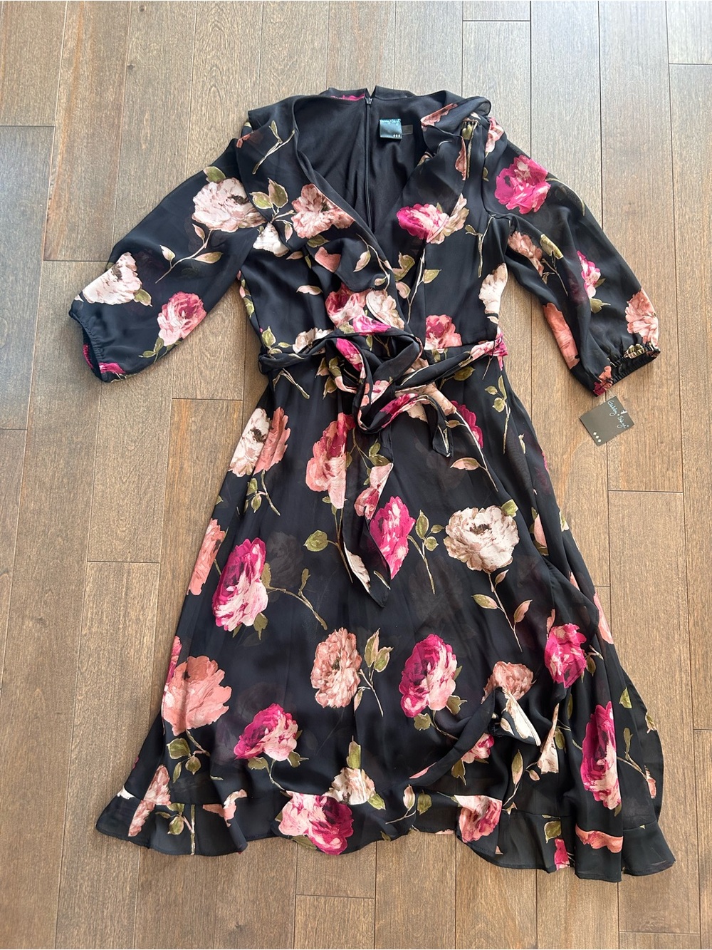 Floral Wrap Midi Dress - Black with Pink Rose Print size 14 NWT